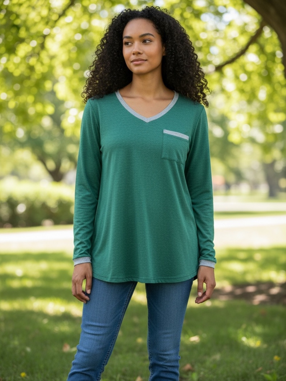 Women's Green V-Neck Long Sleeve Top with Contrast Trim